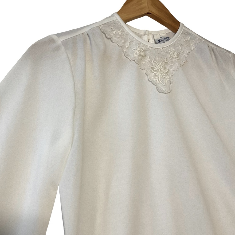 VINTAGE sz Small Blouse Long Sleeve Lace Triangle Front Semi Sheer White NWT